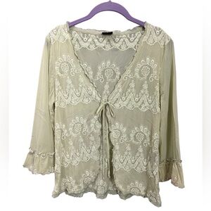 Y2K Light Green Embroidered Lace Tie Front Ruffle Flare Sleeve Sheer Top